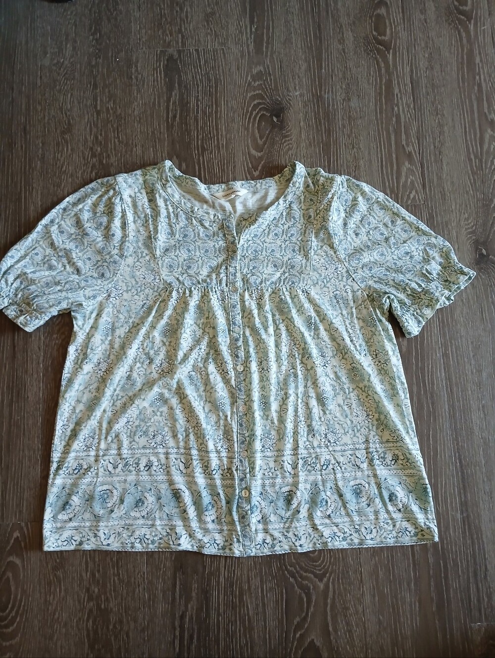 Lucky Brand Blue Floral Button-Down Shirt Short Ruffled Sleeves Womens Sz M Soft